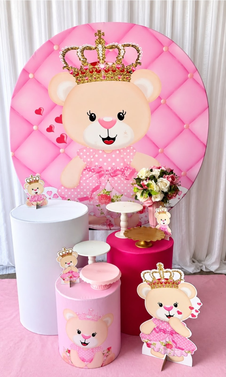 Kit Urso Realeza Rosa Prata - Olaf Decoracao e pegue monte 