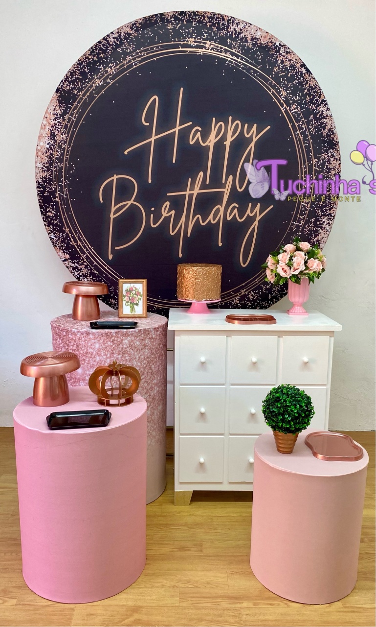 Kit Plus Happy Birthday Rose E Preto  - Tuchinhas Pegue e Monte