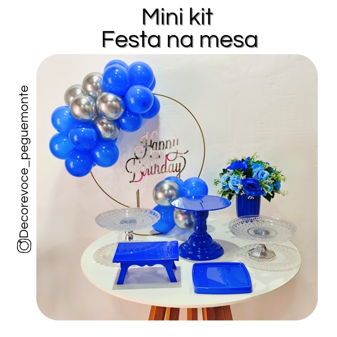 Kit Mesa Happy Birthday Azul Com Prata 2 - Decore Você Pegue & Monte