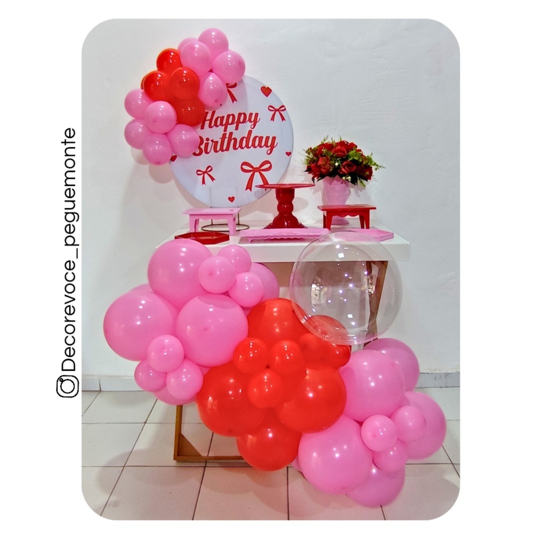 Kit Mesa Happy Vermelho Laço + Mesa + Balão - Decore Você Pegue & Monte