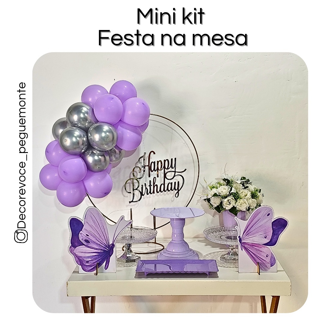 Kit Mesa Happy Birthday Lilás Com Prata Borboleta (Acrílico) - Decore Você Pegue & Monte