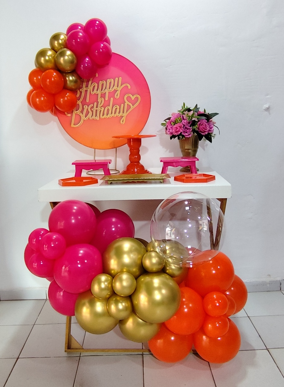 Kit Mesa Pink Com Laranja + Mesa + Balão (Tropical) - Decore Você Pegue & Monte