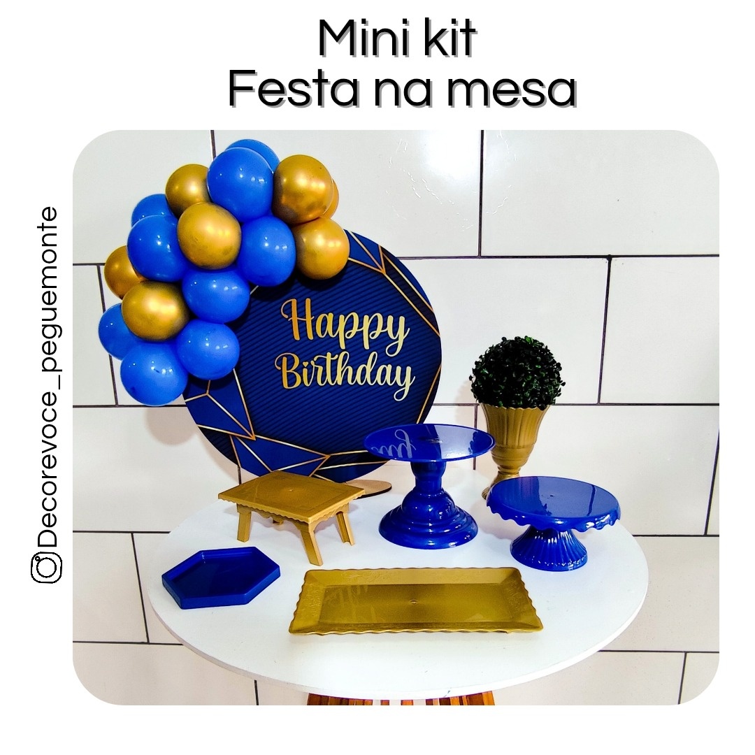 Kit Mesa Happy Birthday Azul Royal E Dourado  - Decore Você Pegue & Monte