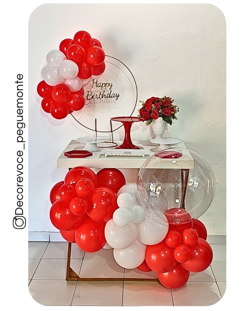 Kit Mesa Vermelho E Branco + Mesa + Balão (Acrílico) - Decore Você Pegue & Monte