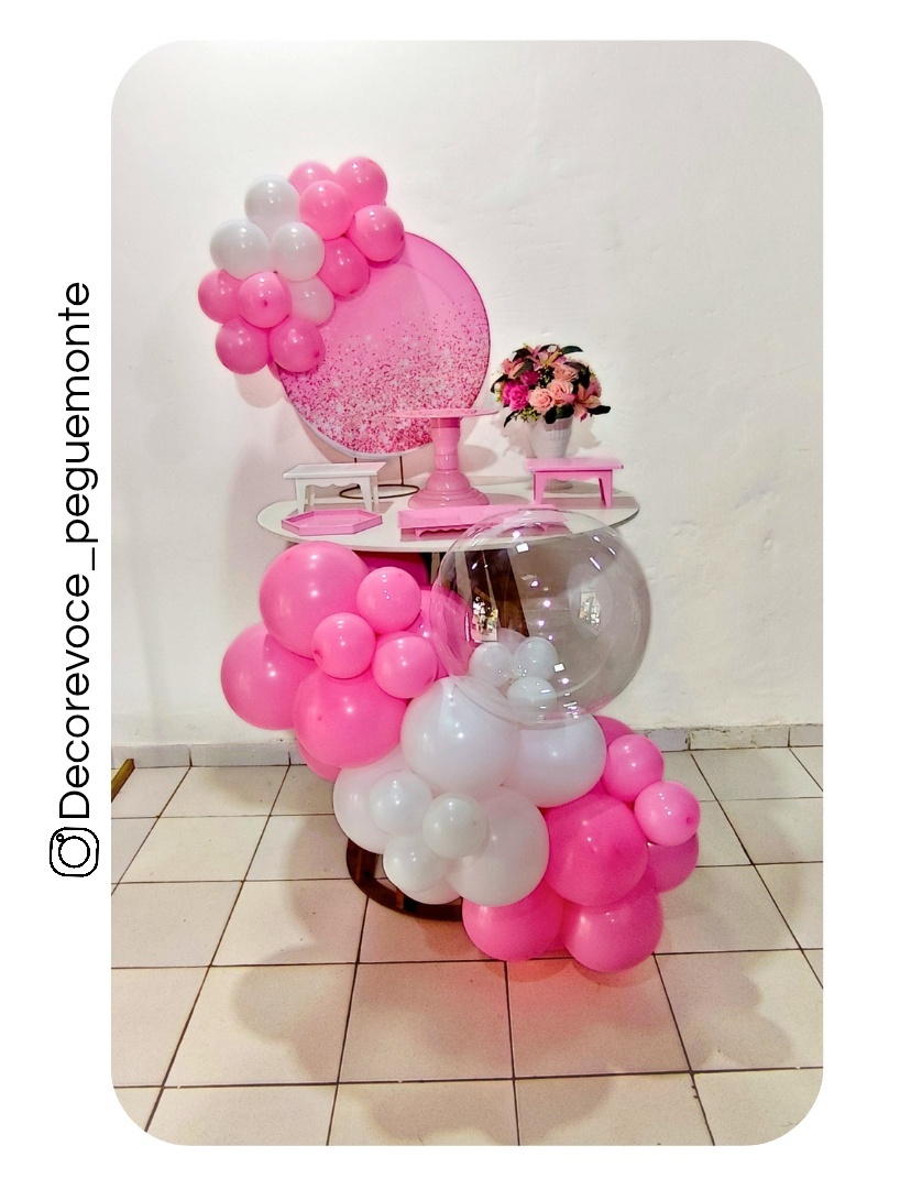 Kit Mesa Rosa Com Glitter + Mesa + Balão 2 - Decore Você Pegue & Monte