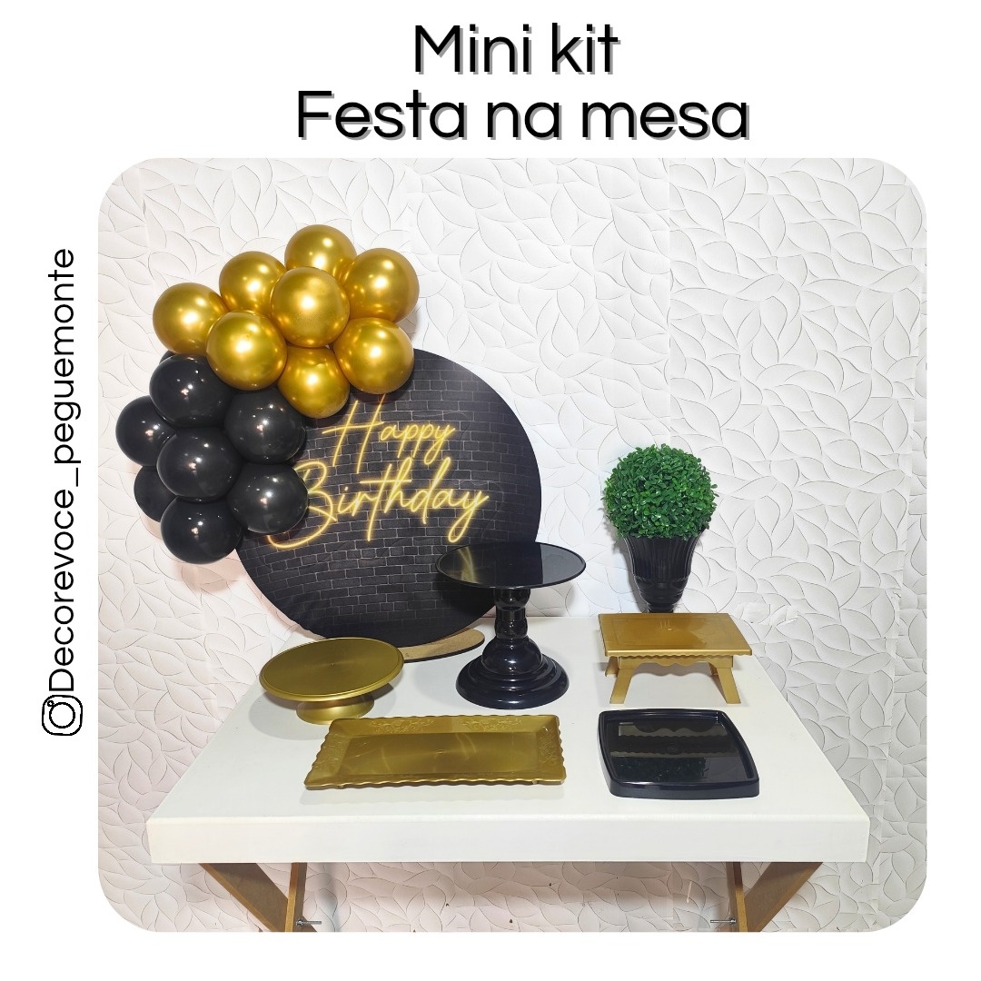 Kit Mesa Happy Birthday Preto E Dourado  - Decore Você Pegue & Monte