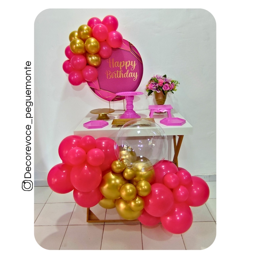 Kit Mesa Happy Birthday Rosa E Dourado + Mesa + Balão - Decore Você Pegue & Monte