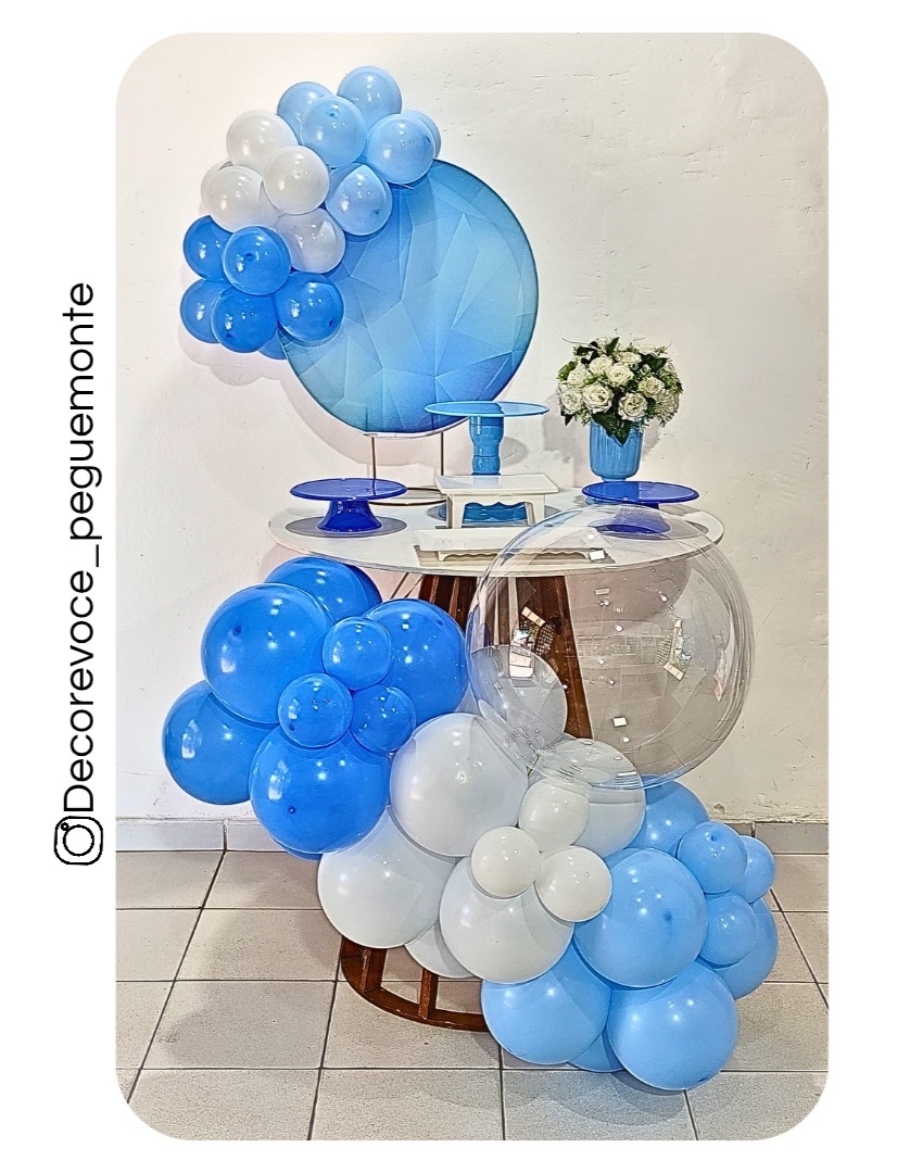 Kit Mesa Azul E Branco + Mesa Cone + Balão - Decore Você Pegue & Monte