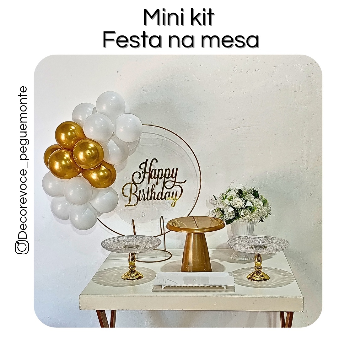 Kit Mesa Happy Birthday Branco Com Dourado (Acrílico) - Decore Você Pegue & Monte