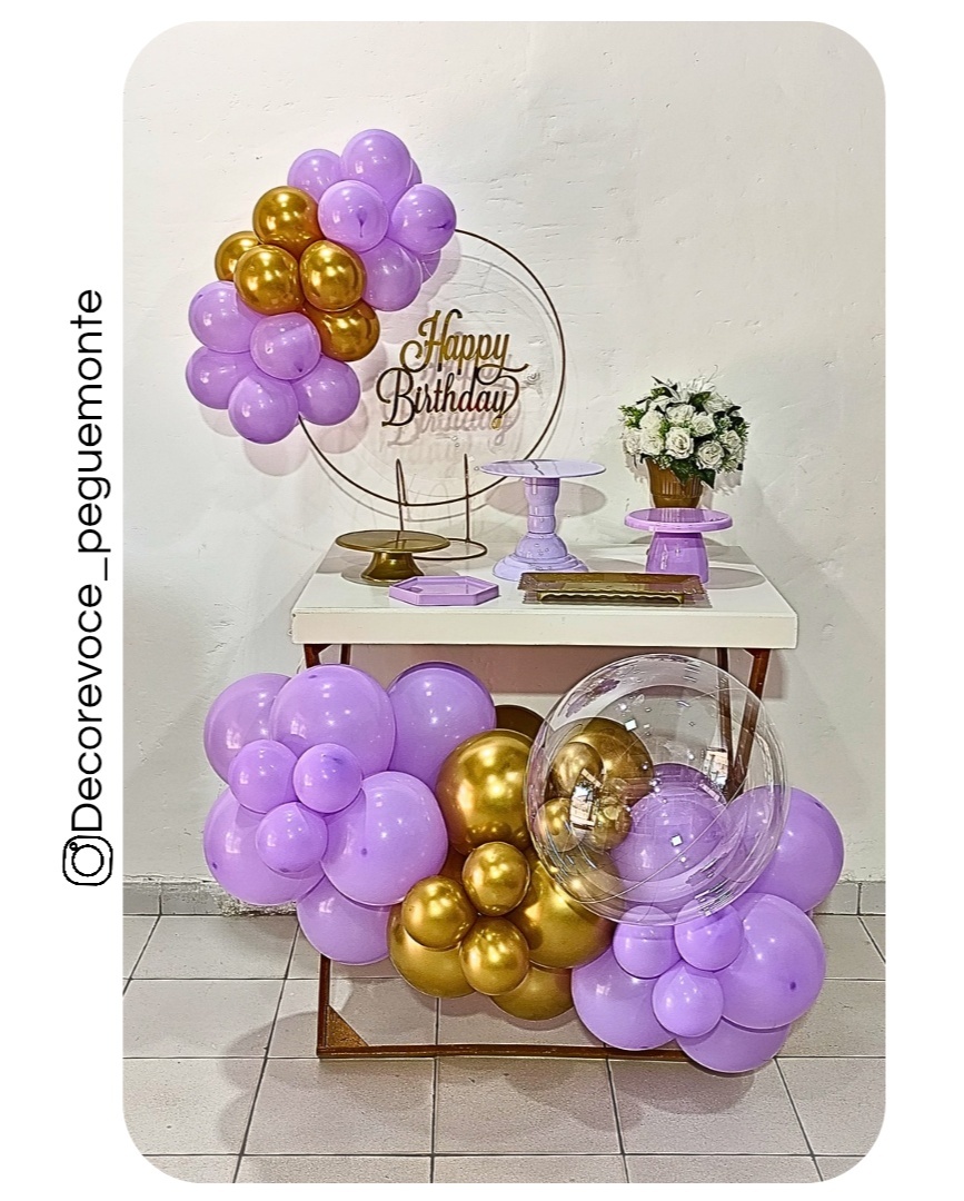 Kit Mesa Lilás Com Dourado + Mesa + Balão - Decore Você Pegue & Monte