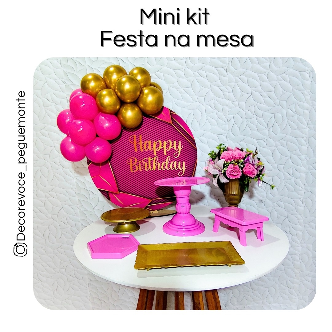 Kit Mesa Happy Birthday Rosa E Dourado  - Decore Você Pegue & Monte