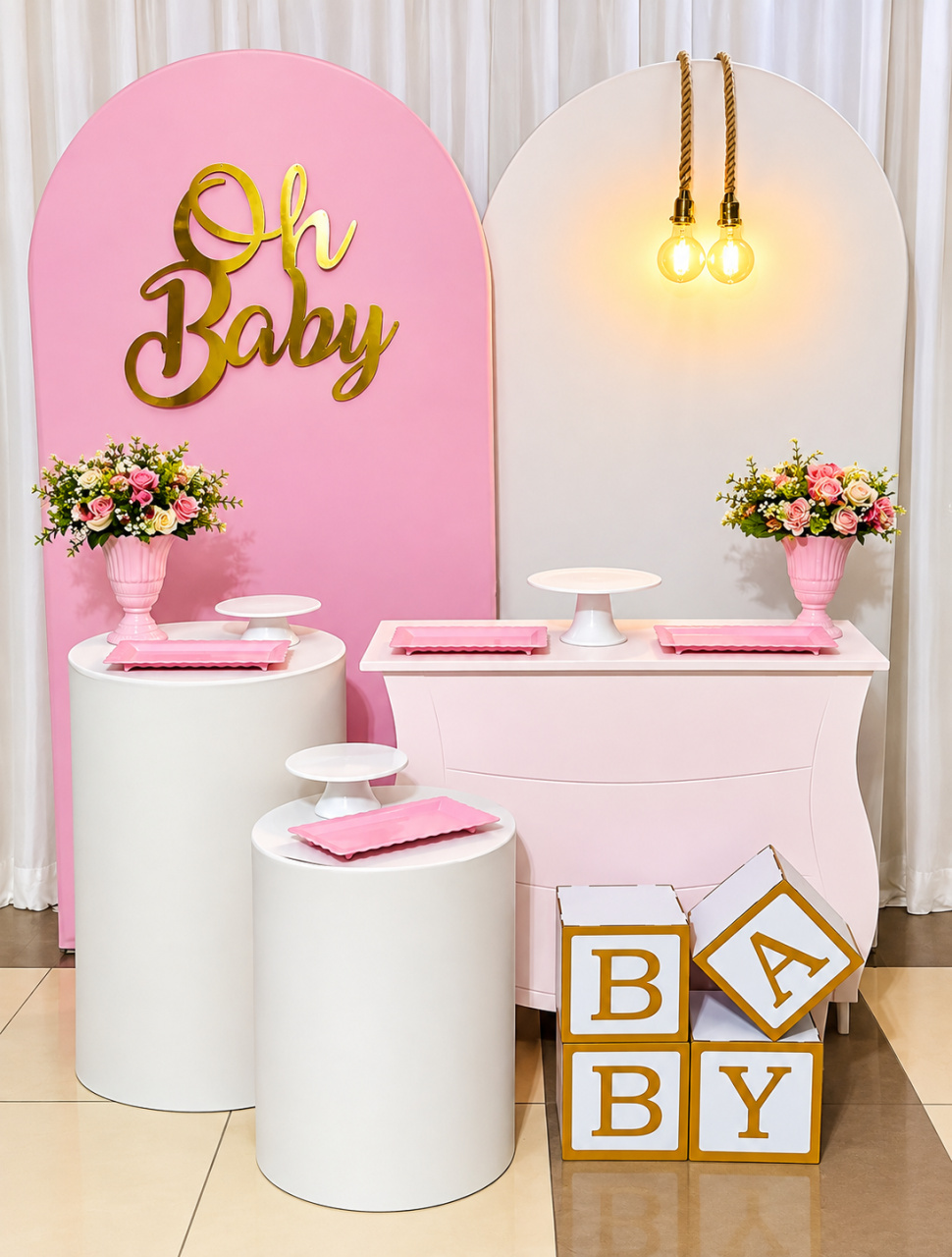 Chá de Bebê Rosa C/ Branco - Ns Decorações Pegue e Monte