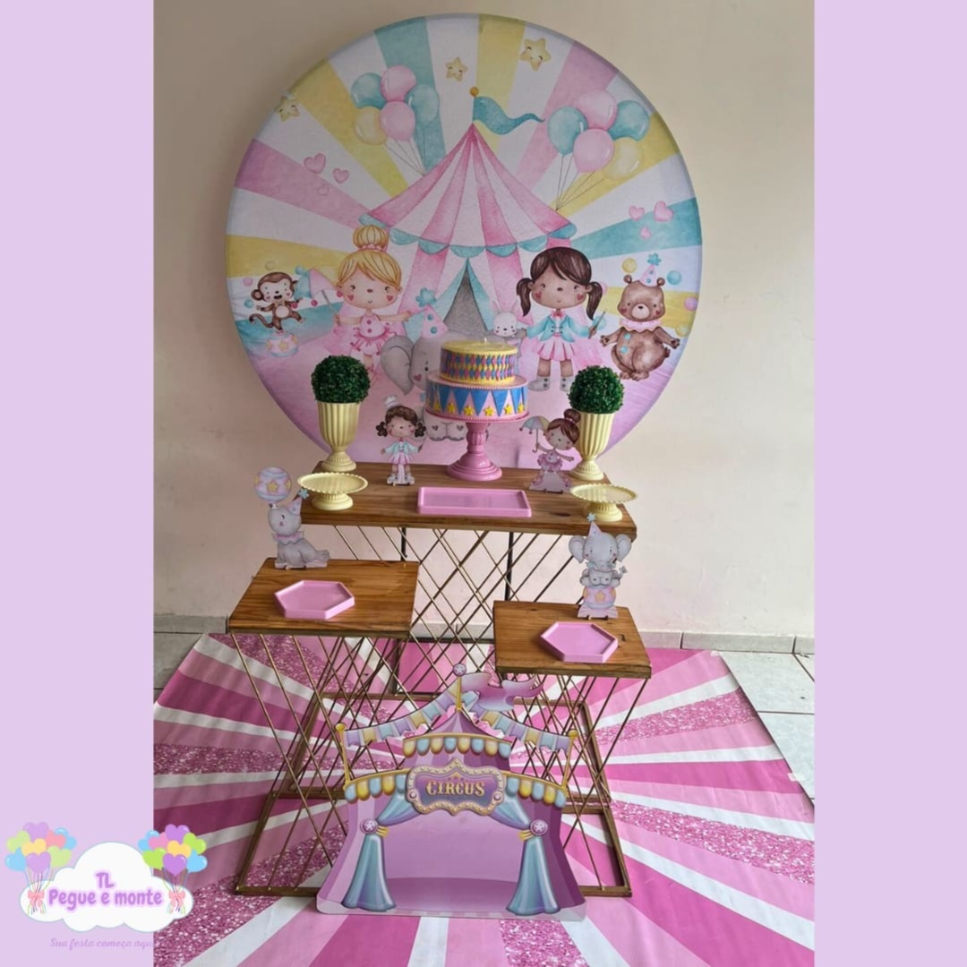 D-Kit Prata Mesa Circo Rosa Aquarela - Tl pegue e monte 