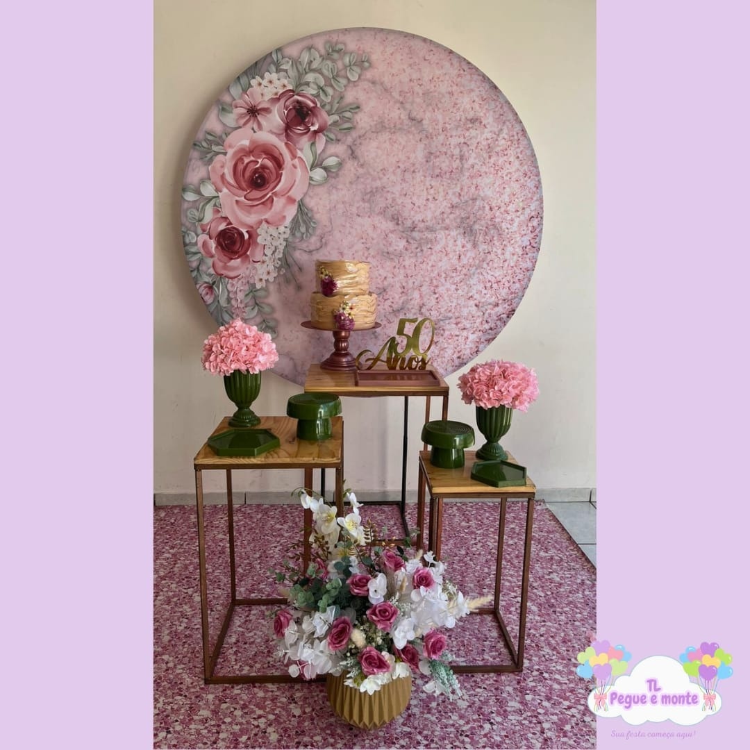 D-Kit Prata Mesa Floral Rosa Com Glitter  - Tl pegue e monte 