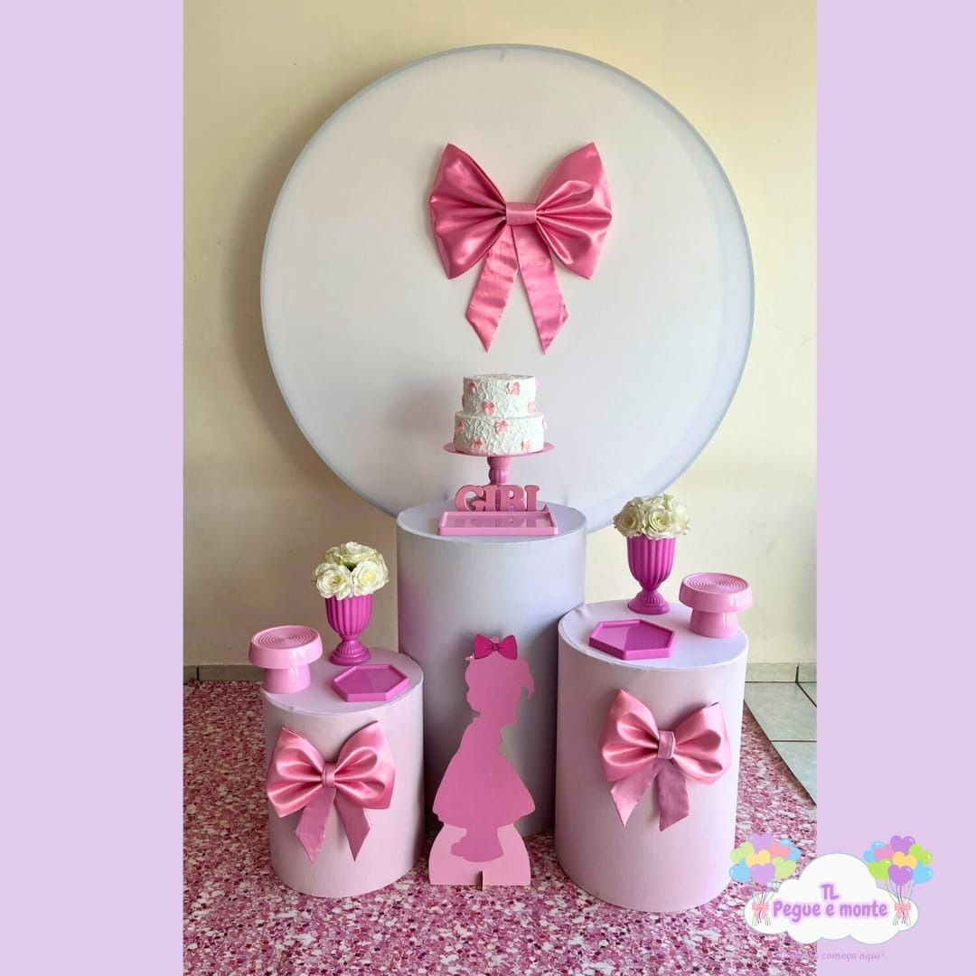 D-Kit Prata Cilindro Laço Rosa Infantil   - Tl pegue e monte 