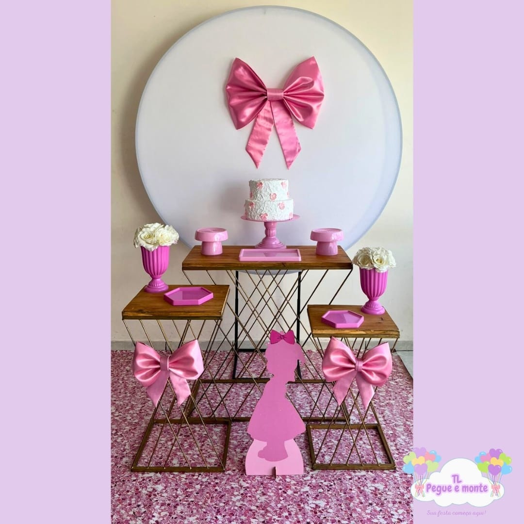 D-Kit Prata Mesa Laço Rosa Infantil  - Tl pegue e monte 
