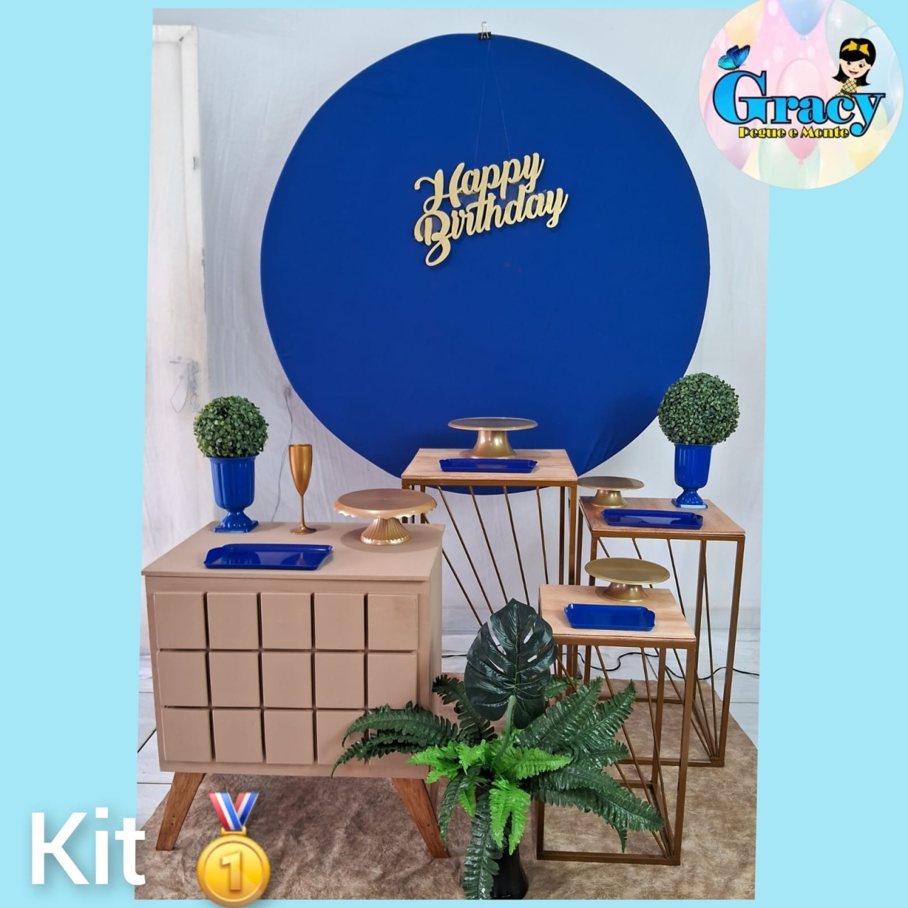 Neutro Azul Happy Birthday Ouro  - gracypeguemonte