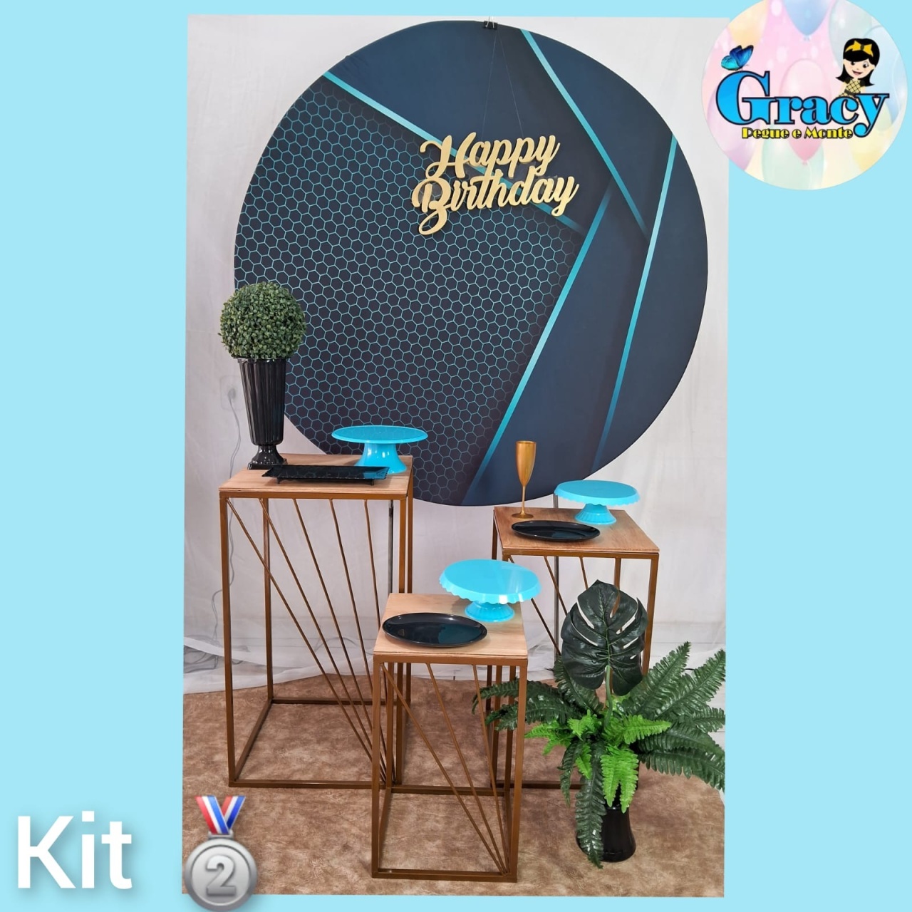 Neutro Preto Com Azul Happy Birthday Prata - gracypeguemonte