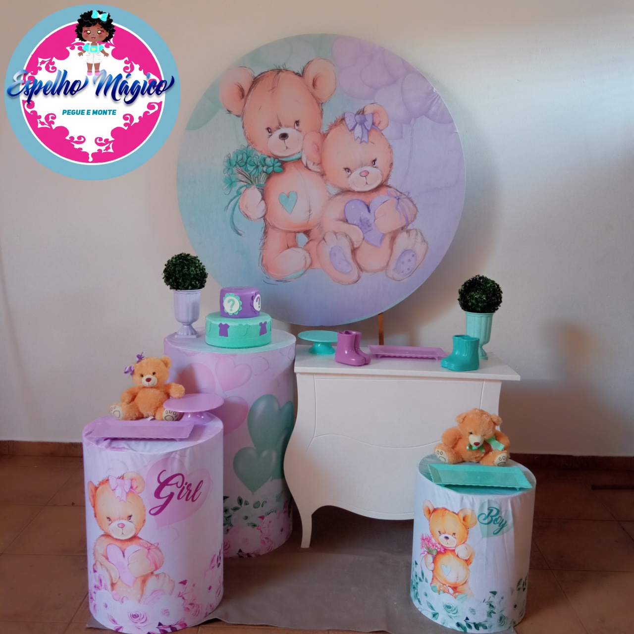 Chá Revelação Urso Verde E Lilas Combo 1 - Espelhomagicopeguemonte