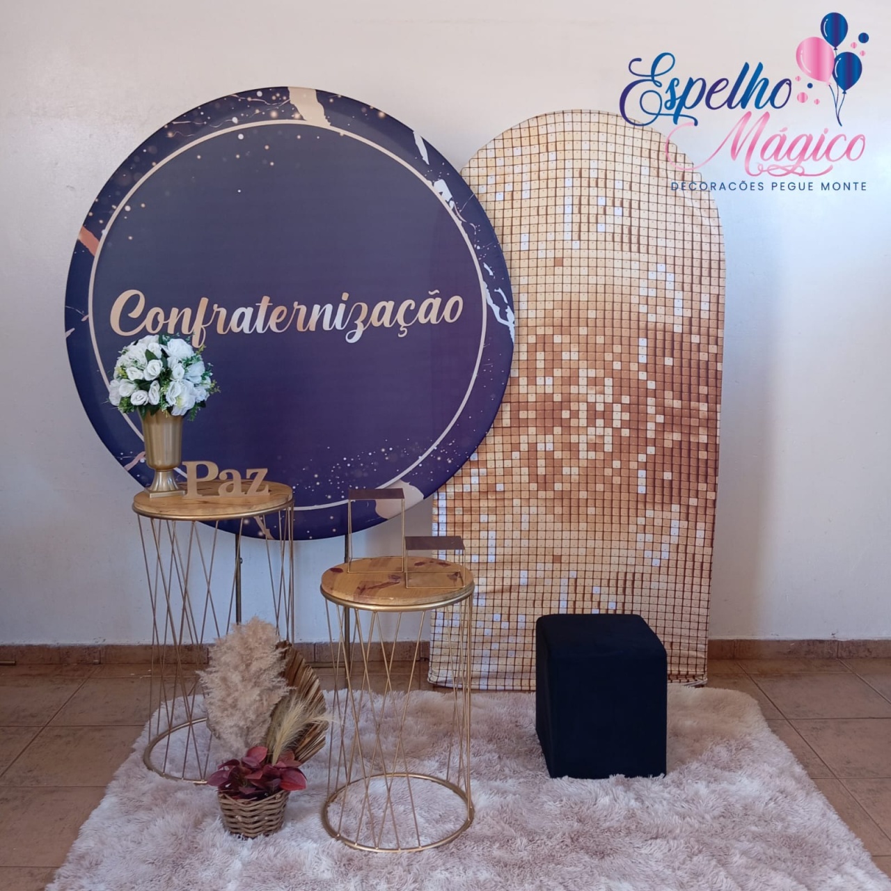Confratenização Azul  Com Painel Romano Dourado   E Cilindro Xadrez de Ferro - Espelhomagicopeguemonte