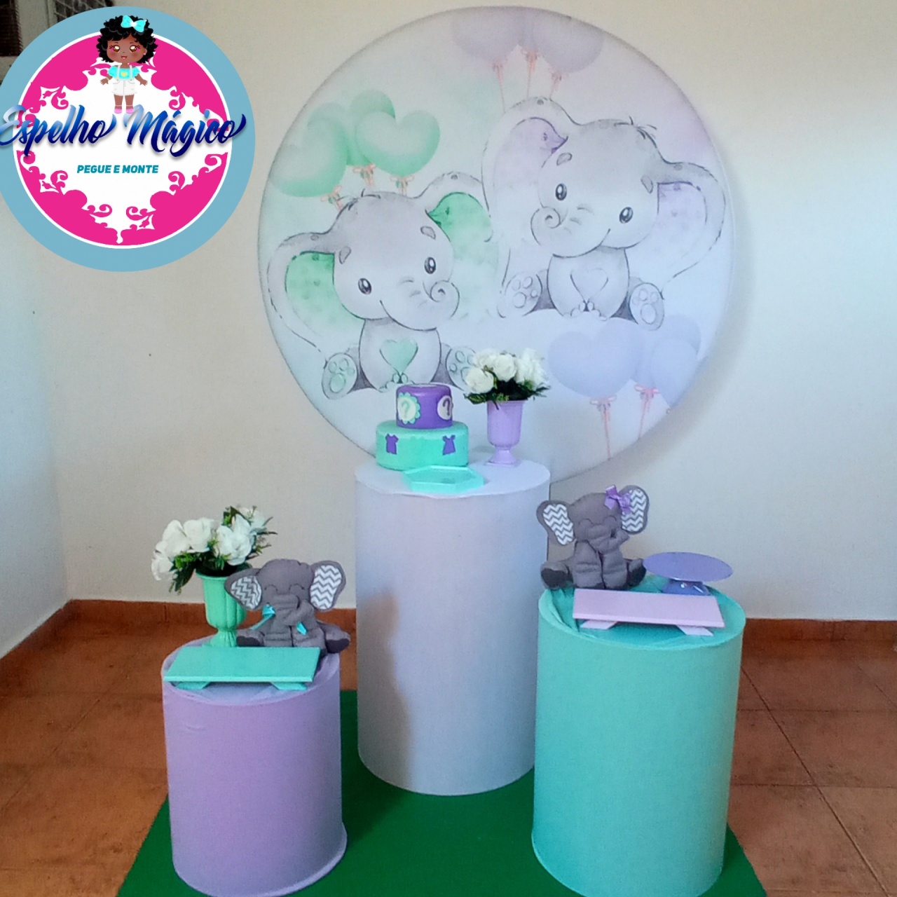 Chá de Revelação Elefantinho Lilas E Verde Agua Combo 2 - Espelhomagicopeguemonte
