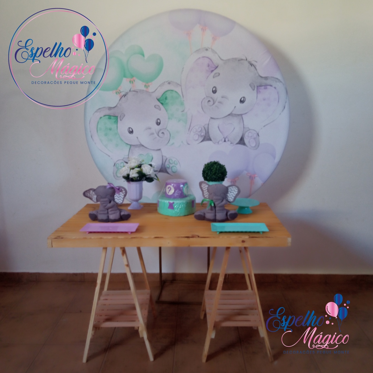 Chá de Revelação Elefantinho Lilas E Verde Água Combo 3 - Espelhomagicopeguemonte