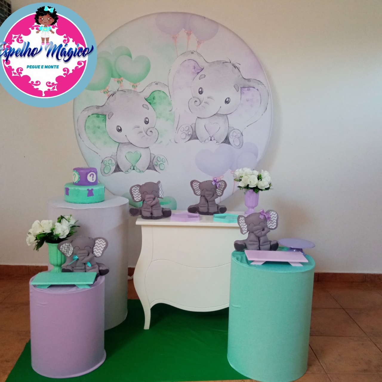  Chá de Revelação Elefantinho Lilas E Verde Agua  Combo 1 - Espelhomagicopeguemonte