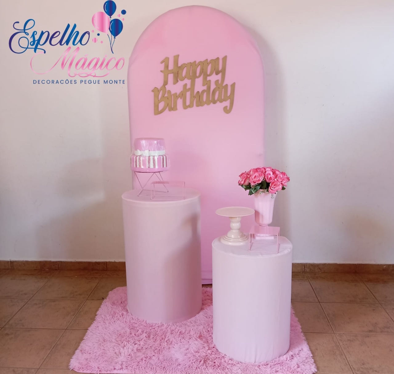 Decoração Painel Romano Rosa Happy Birthday  - Espelhomagicopeguemonte