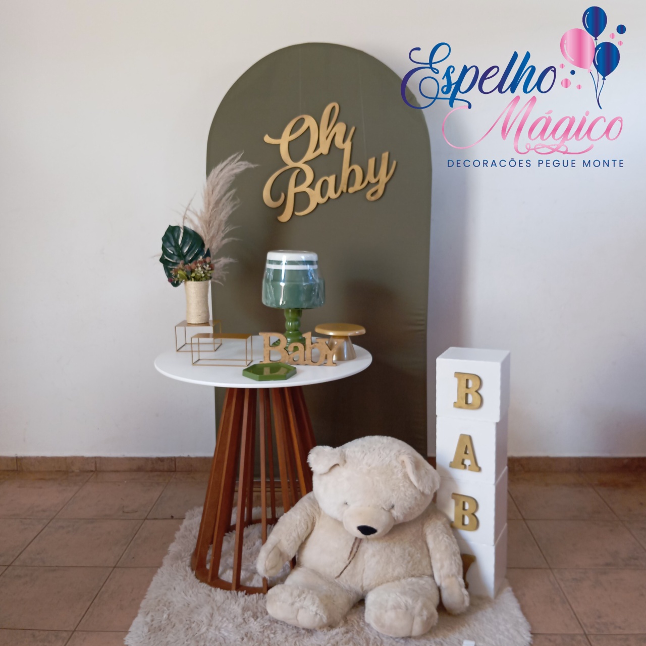 Decoração Cha de Bebe Verde Oliva E Bege  - Espelhomagicopeguemonte