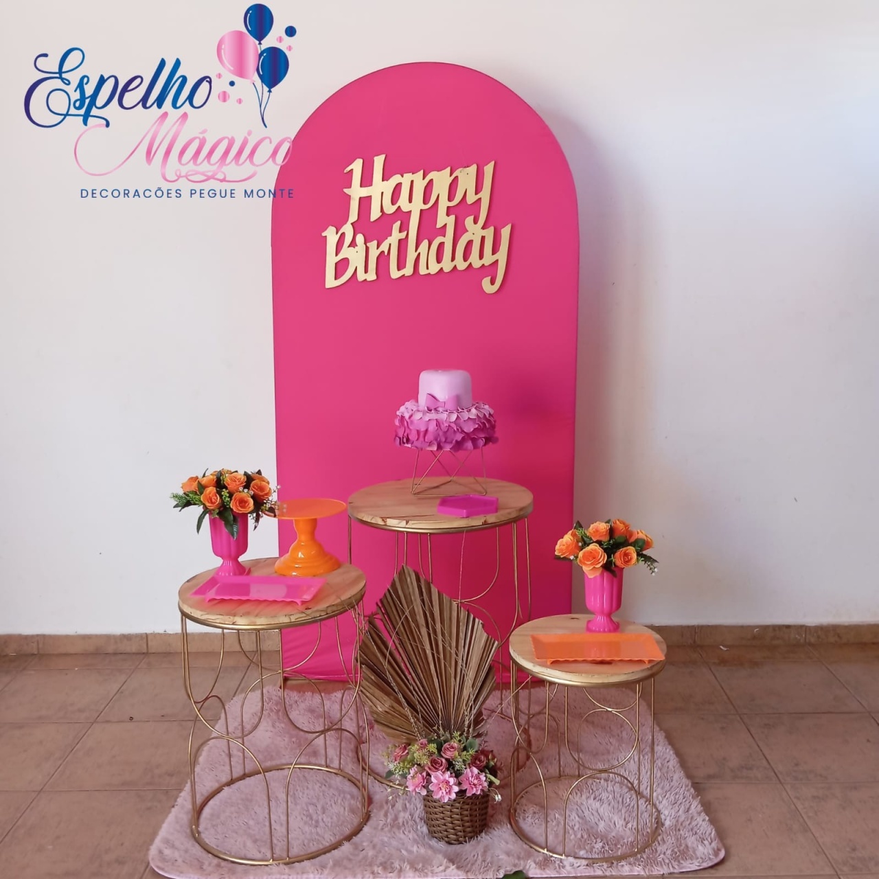Decoração Happy Birthday  Pink  E Laranja - Espelhomagicopeguemonte