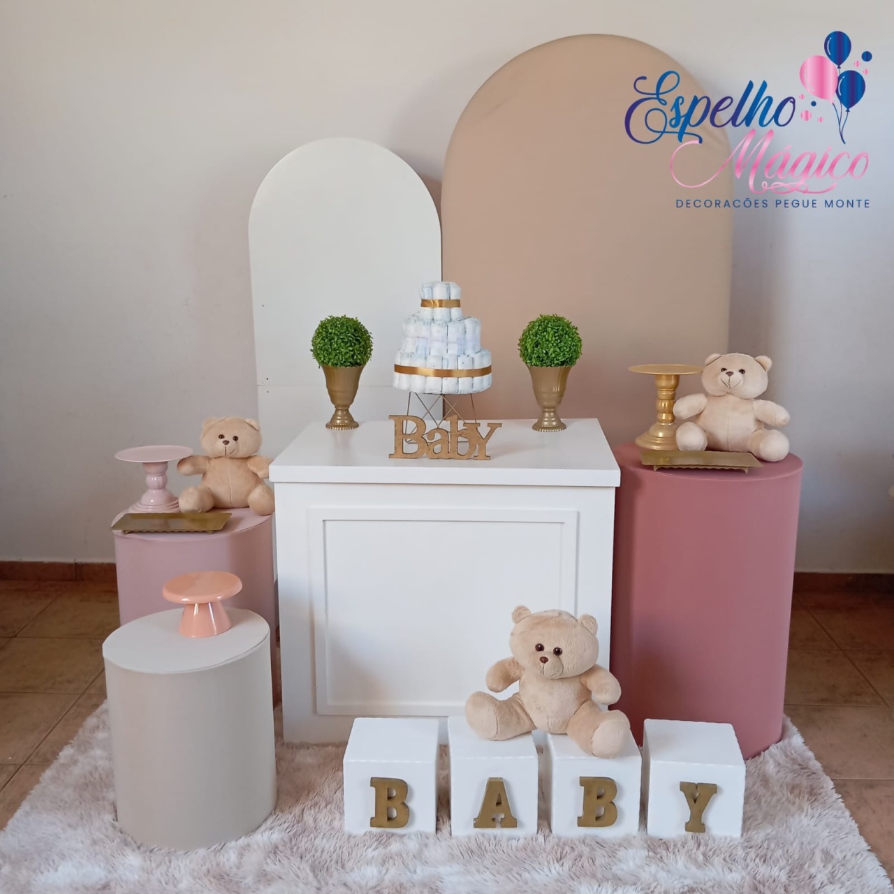 Decoração  Chá Revelação Ou Chá Bebê Bege  Cilindro - Espelhomagicopeguemonte