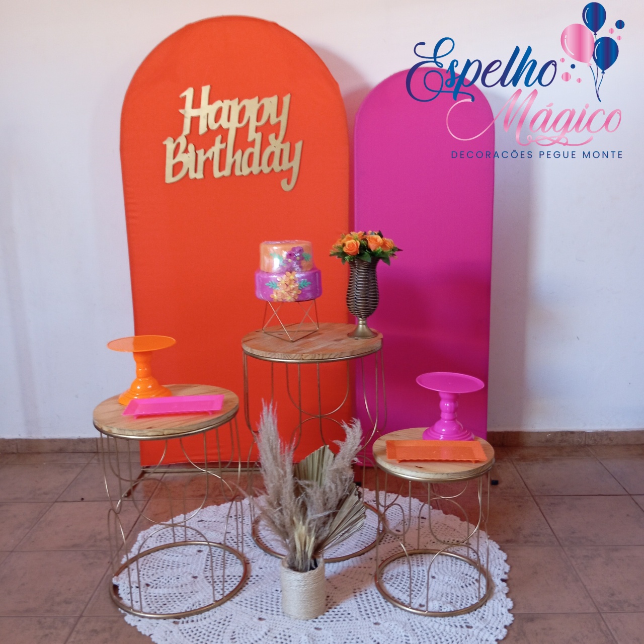 Decoração Happy Birthday  Pink  E Laranja - Espelhomagicopeguemonte