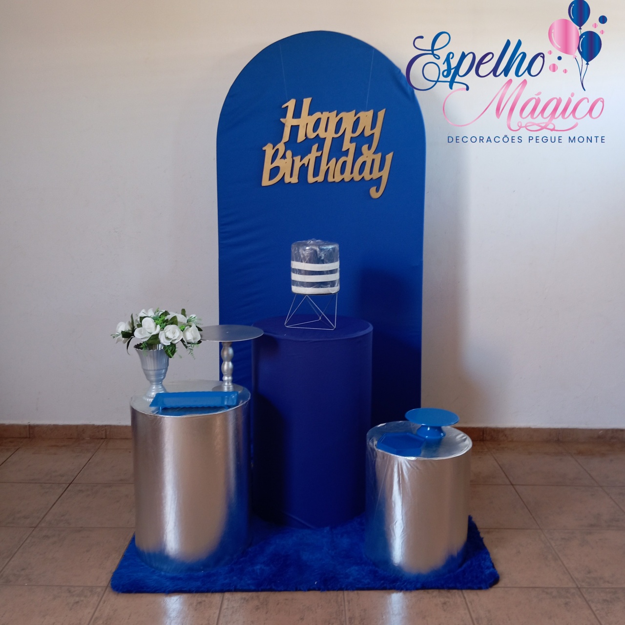 Decoração Happy Birthday Painel Romano Azul Escuro E Prata   - Espelhomagicopeguemonte