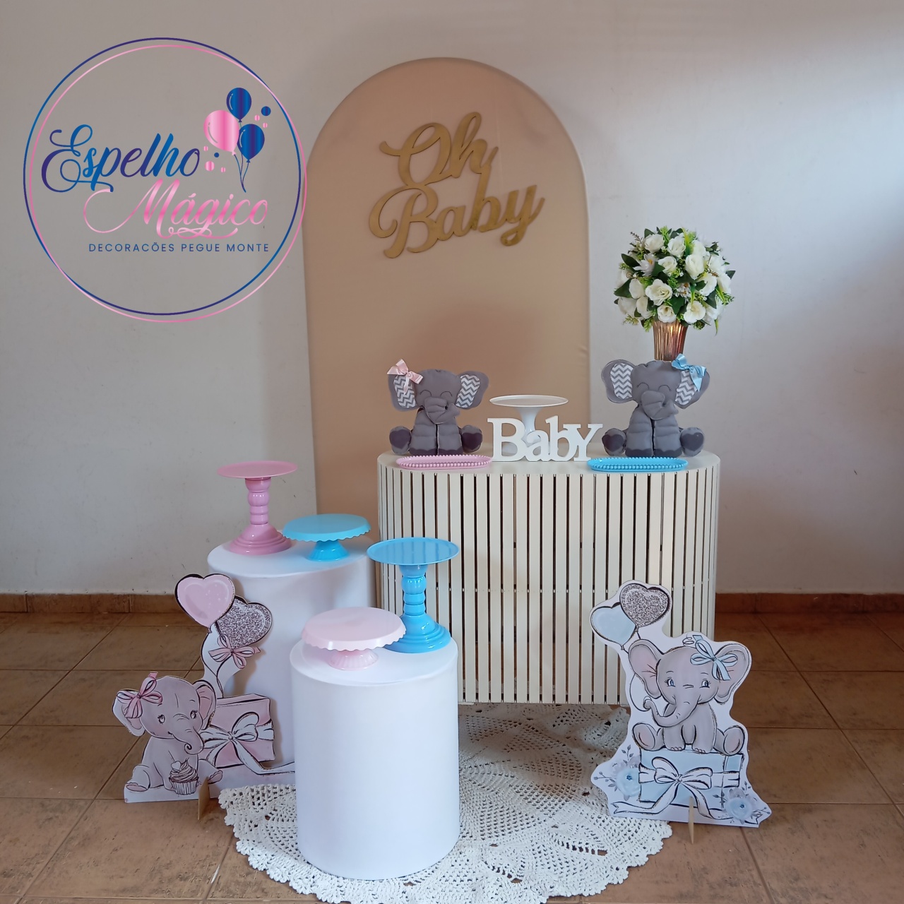  Decoração Chá Revelação Mesa Oval Ripada Elefantinho - Espelhomagicopeguemonte
