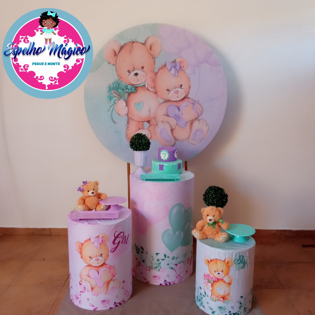 Chá Revelação Urso Verde E Lilas Combo 2 - Espelhomagicopeguemonte
