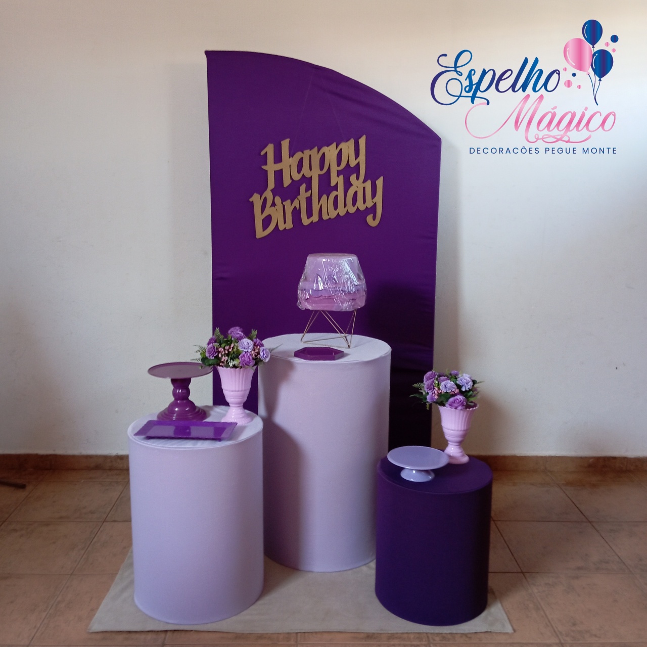 Decoração Happy Birthday Roxo E Lilas - Espelhomagicopeguemonte