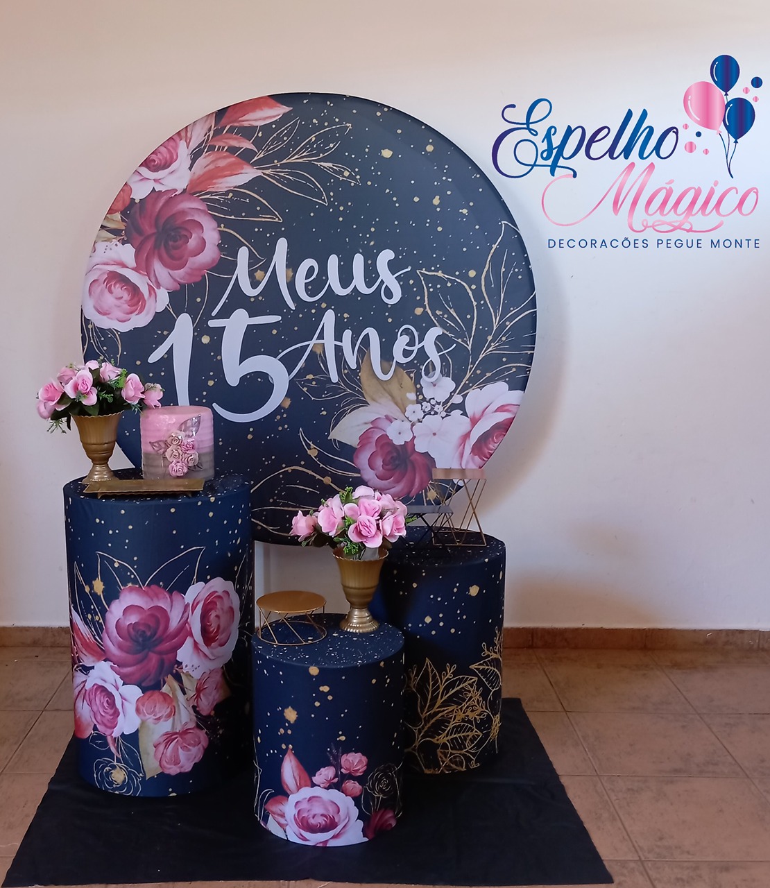  15 Anos Floral Rosa E Preto Combo 2 - Espelhomagicopeguemonte
