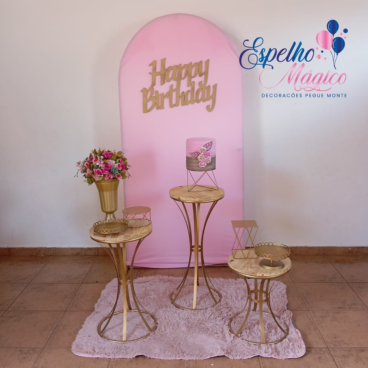 Decoração Painel Romano Rosa Happy Birthday Mesa Cinturinha - Espelhomagicopeguemonte