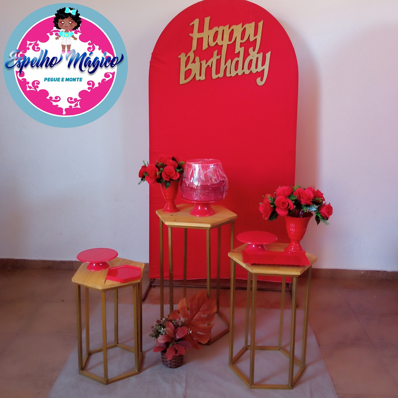 Decoração Happy Birthday Painel Romano Vermelho - Espelhomagicopeguemonte