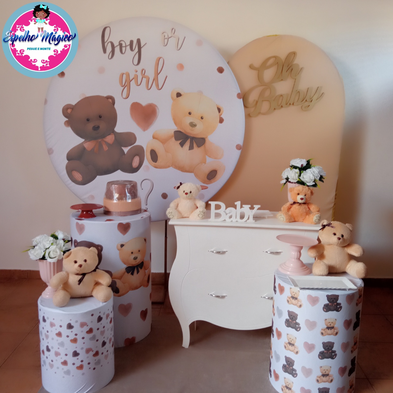 Decoração   Cha de Revelação Do Urso Bege   - Espelhomagicopeguemonte