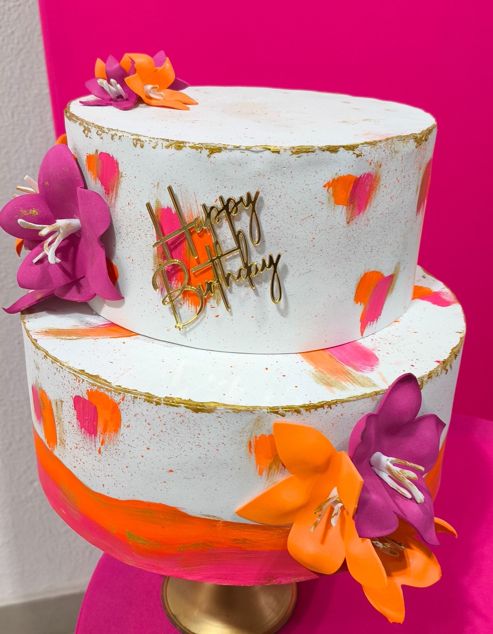 Bolo Fake Floral Laranja E Pink - Baloesfeitosdesonhos 