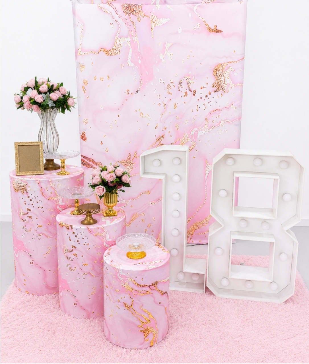 Kit Marmorizado Rosa E Dourado Com Led Idade Gigante - Baloesfeitosdesonhos 