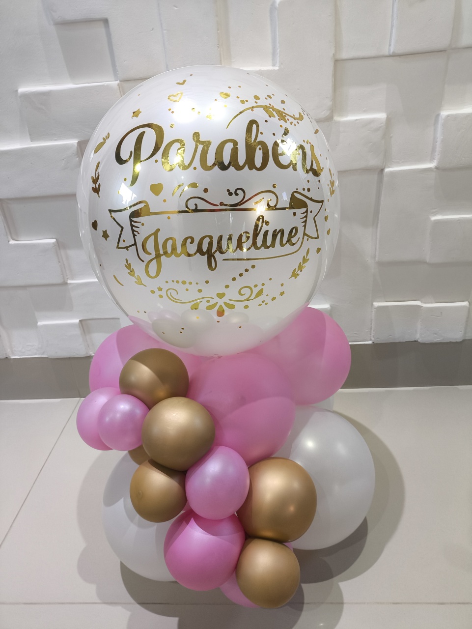 Balão Personalizado Rosa Branco E Dourado Com Escrita Dourada - Baloesfeitosdesonhos 