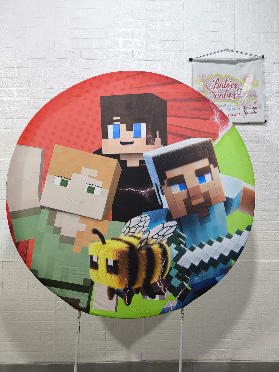 Painel Redondo 150X150 Três Personagens Minecraft - Baloesfeitosdesonhos 