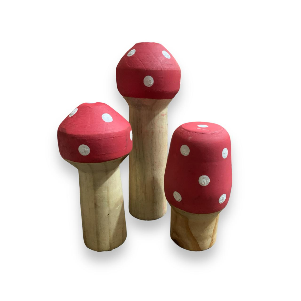 Trio de Cogumelos de Madeira - Vermelho - Vermelho,Natural Madeira - i9festas
