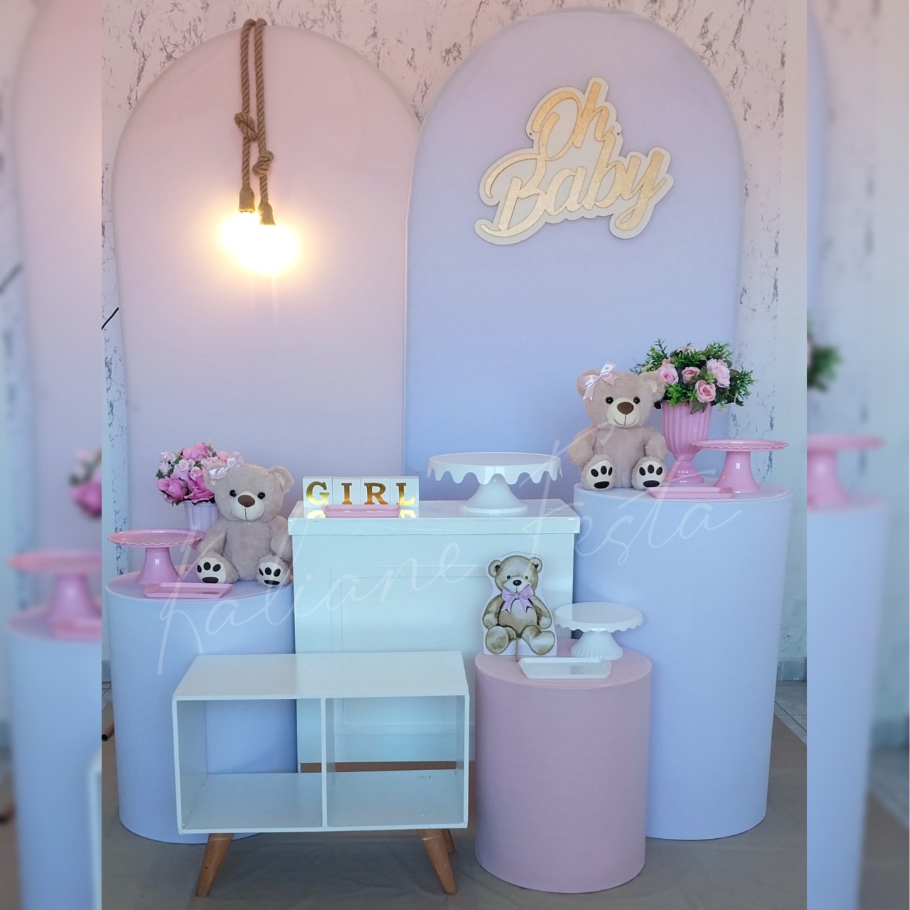 Composição Chá de Bebê Menina Rosa Com Ursinho de Pelúcia - Kaliane Festa Pegue e Monte