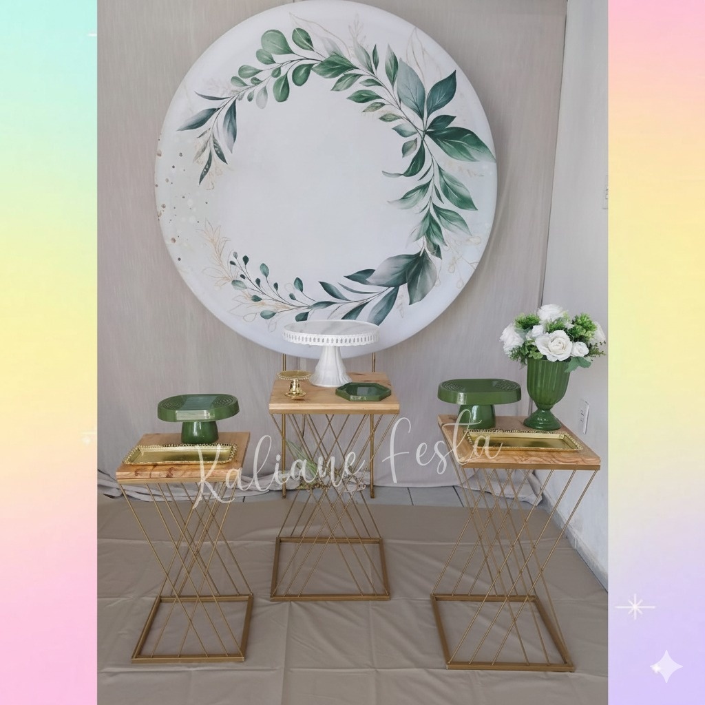 Verde Oliva Com Dourado Casamento Redondo Mesas de Ferro - Kit Premium - Kaliane Festa Pegue e Monte
