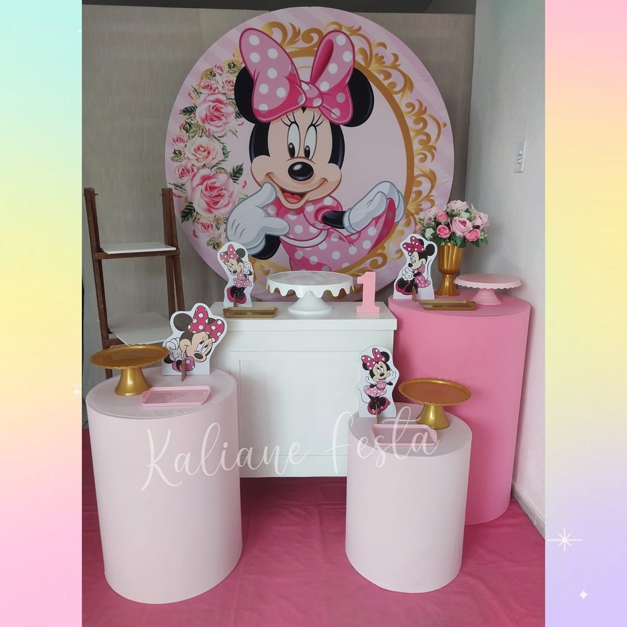 Minnie Rosa Com Dourado - Kit Ouro - Kaliane Festa Pegue e Monte