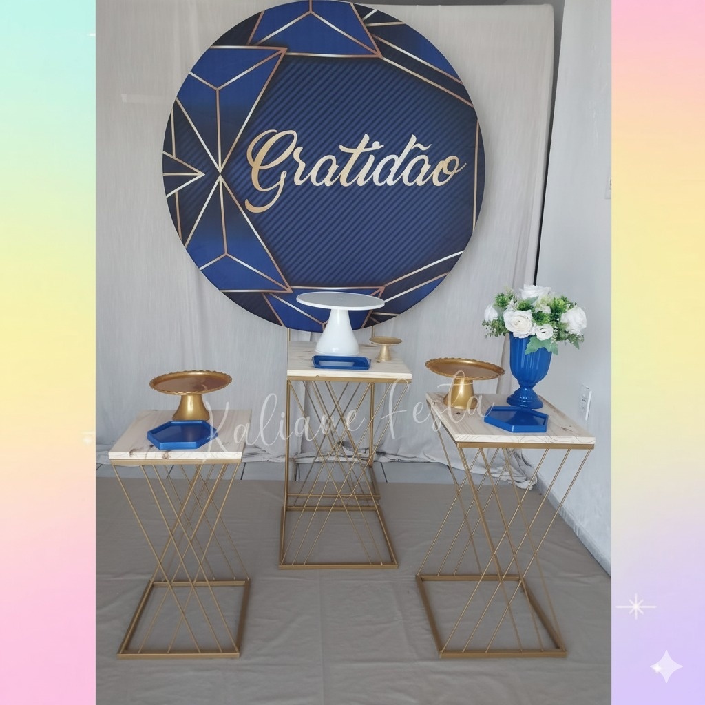 Azul Royal Redondo Gratidão Mesas de Ferro - Kit Premium - Kaliane Festa Pegue e Monte