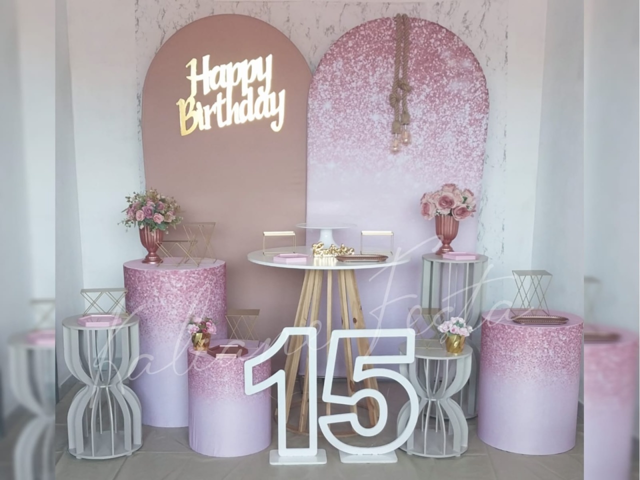 Kit Super Luxo Cilindros + Mesas Ampulheta Rose Gold - Kaliane Festa Pegue e Monte
